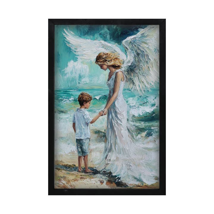 Angel and Boy Farmhouse Decor Wooden Framed Wall Art for wholesale by LifeSong Milestones