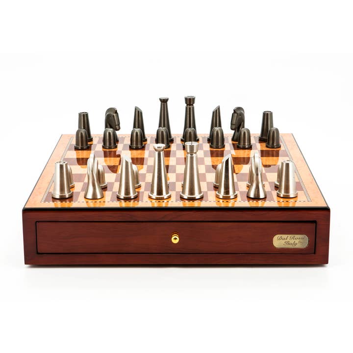 Chess Set Mahogany Finish 18" with Drawers & Metal Chessmen for wholesale by Dal Rossi Italy