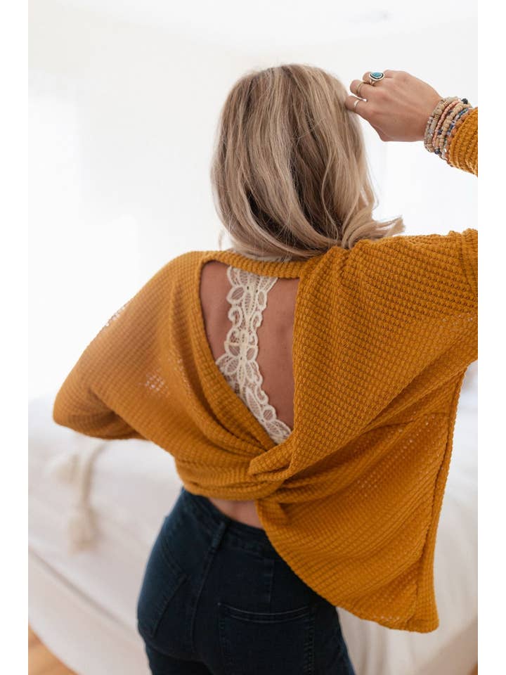 Three Bird Nest - Wholesale Knit Top - Women's - Flattering Open Back Fall Thermal Knit Top - Mustard5