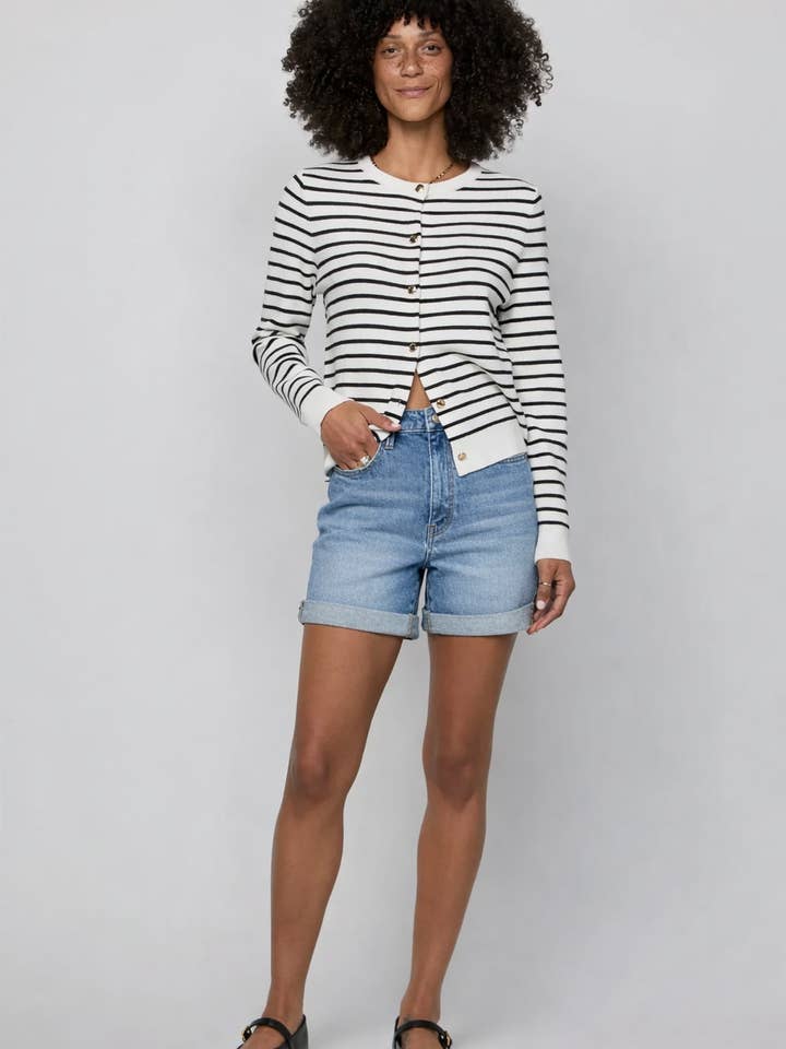 Baxter High Rise Rolled Hem Jean Short, Medium Bright Denim for wholesale by Oliver Logan