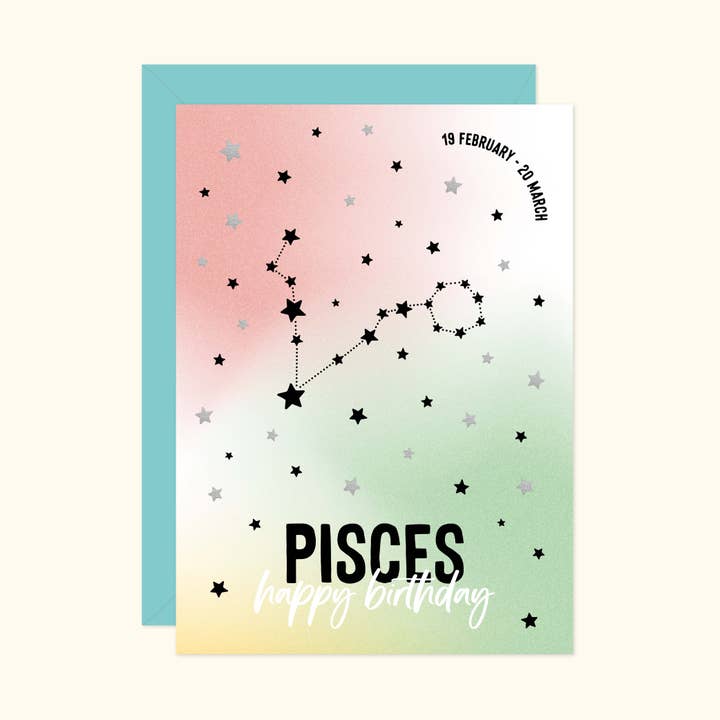 Pisces zodiac star sign birthday card - Silver foil for wholesale by Purple Tree Designs