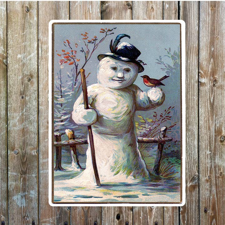Snowman and Robin winter Vintage art Metal Sign Plaque for wholesale by The British Metal Signs Company