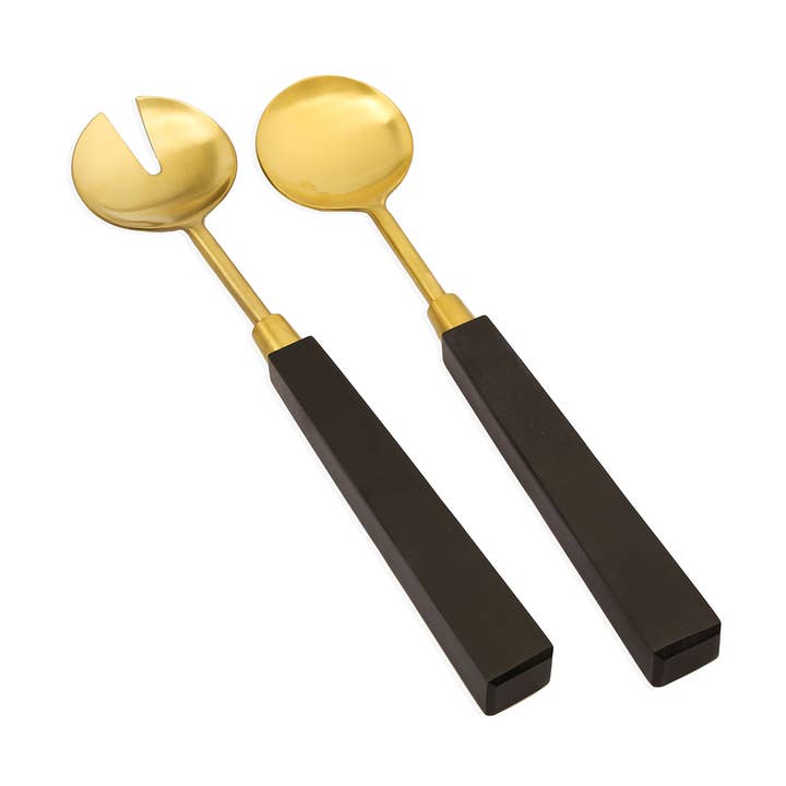 Gold Salad Servers with Black Stone Handles for wholesale by CLASSIC TOUCH DECOR INC.