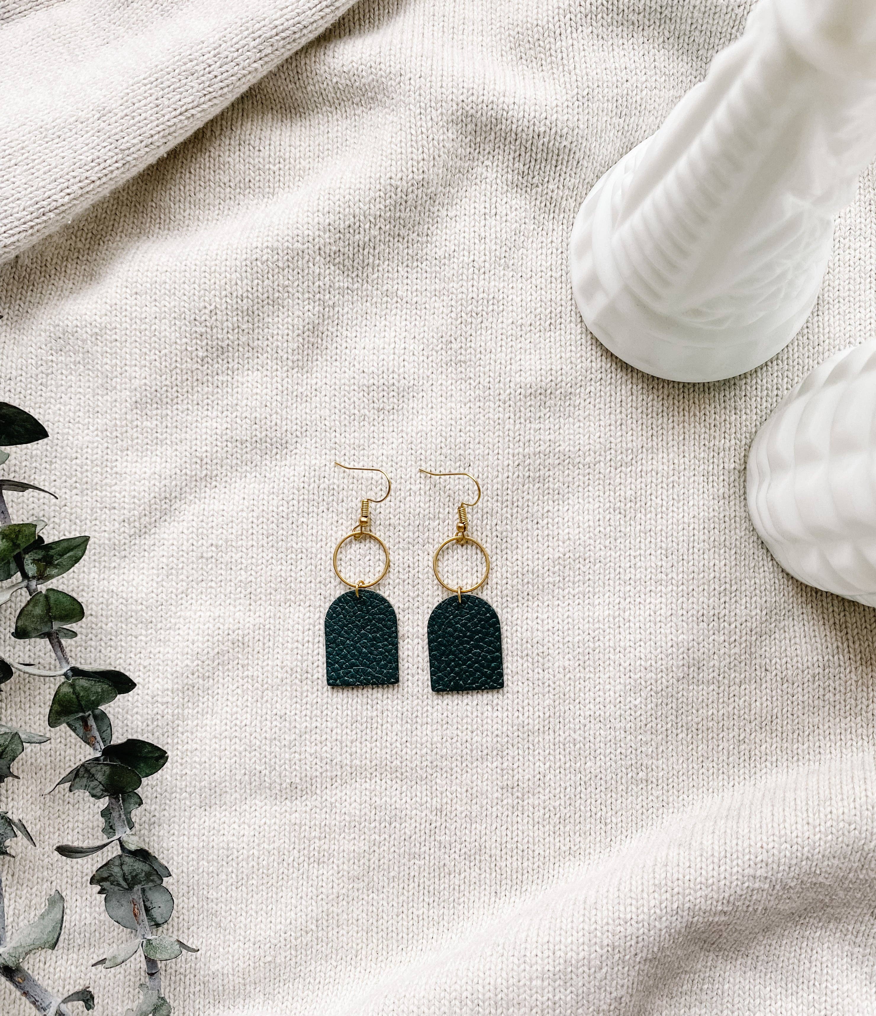 Whitebirch Handmade Goods - Wholesale Dangle Earrings - Dark Green Leather with Brass Circle Earrings1