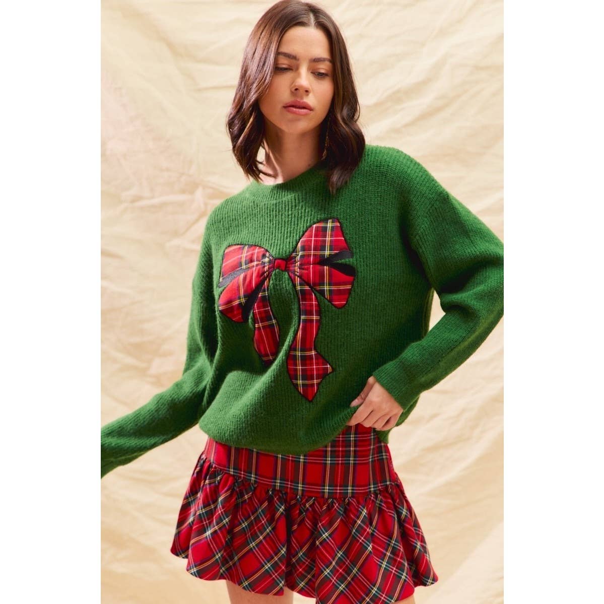IVE - Wholesale Knit Sweater - Women's - Checker Plaid Ribbon Christmas Holiday Sweater Top3