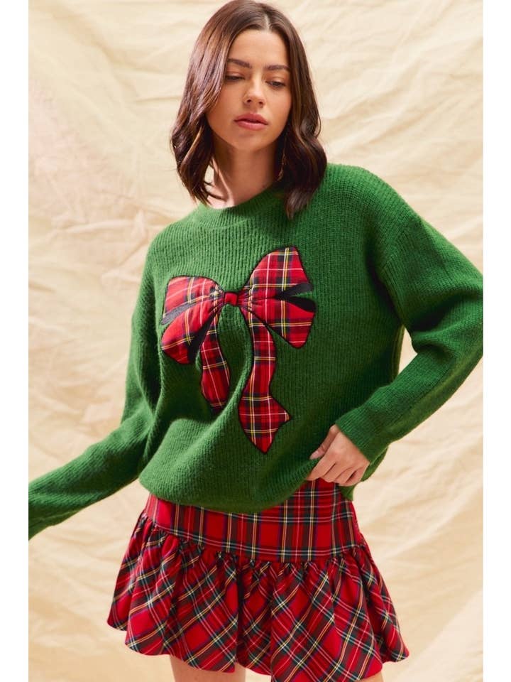 IVE - Wholesale Knit Sweater - Women's - Checker Plaid Ribbon Christmas Holiday Sweater Top3