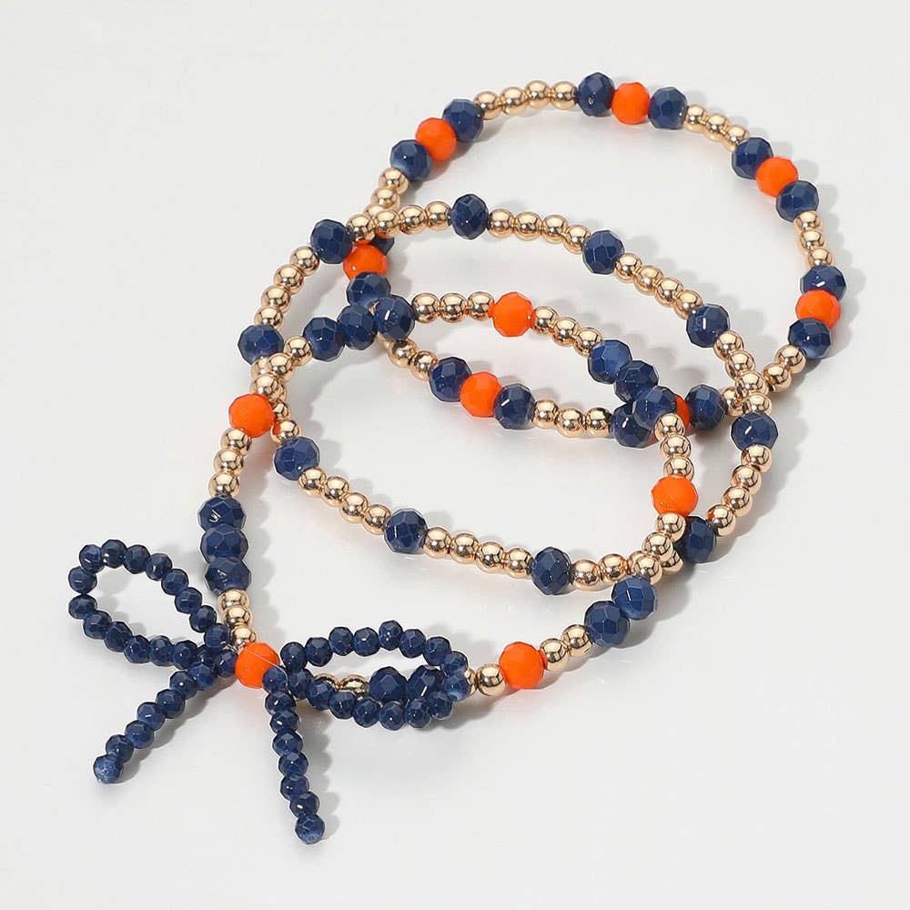 Sensibling Corp. - Wholesale Jewelry Set - 3PCS - Sports Team Theme Colored Bow Accent Faceted Beaded Stretch Multi Layered Bracelets14
