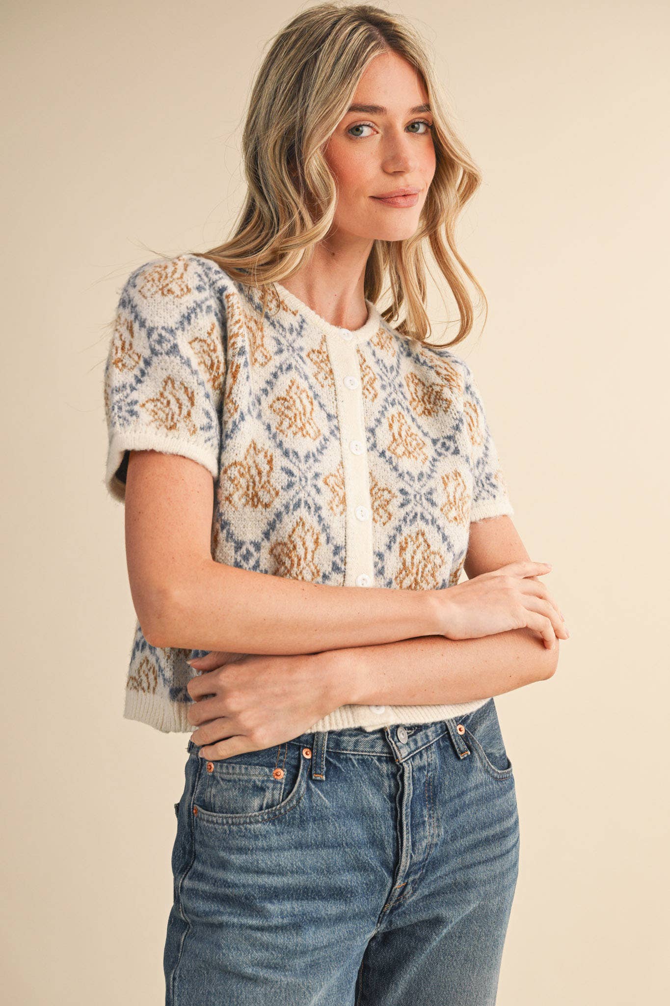 &MERCI - Wholesale Cardigan - Women's - FLORAL SHORT SLEEVE SWEATER CARDIGAN MSW1125825