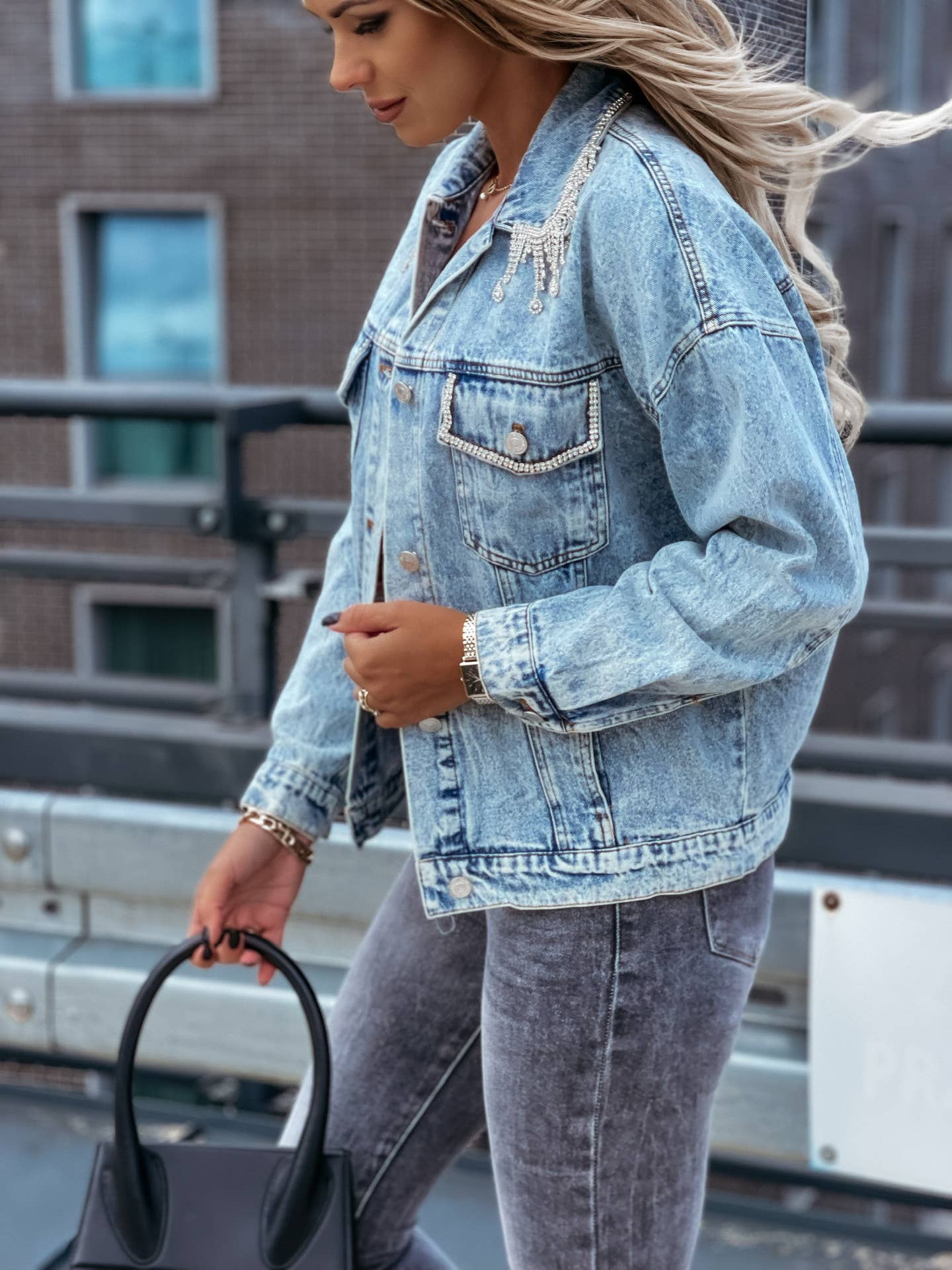 Blue Women's Rhinestone Tassel Embellished Denim Jacket for wholesale on Faire3