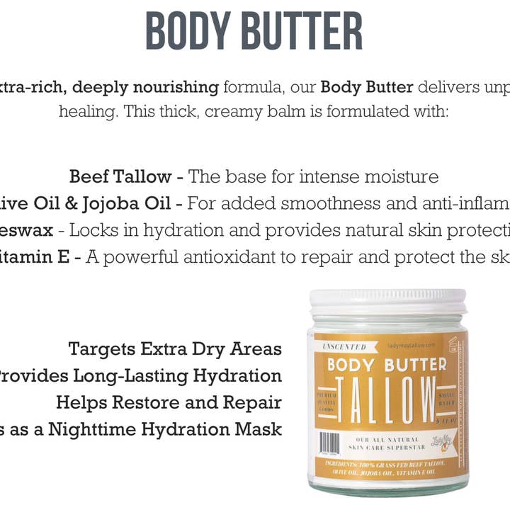 May's Market @ TLM - Wholesale Body Balm/Butter - Manuka Honey & Rosehip Tallow Body Butter - Deeply Nourishing, All-Natural Moisturizer