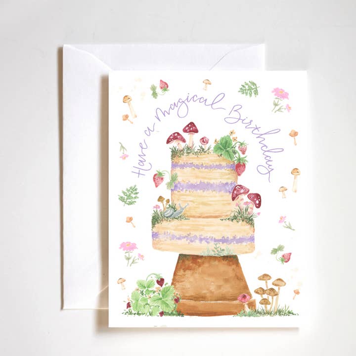 carte de gâteau d'anniversaire aux champignons magiques pour la vente par Stephanie Tara Stationery