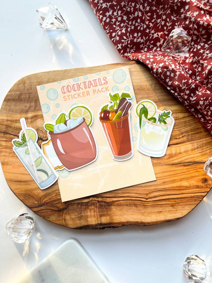 Cocktail Sticker Pack - 4 Fun Drink Stickers for wholesale by Sammie Studio