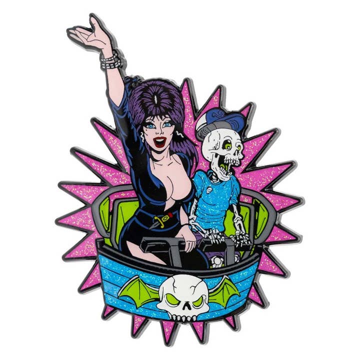 Elvira Ghostcoaster Glitter Enamel Pin for wholesale by Kreepsville