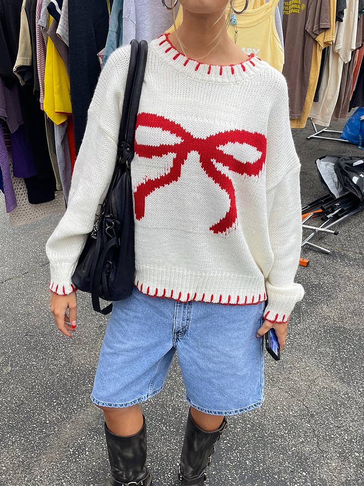 Little Trendy - Wholesale Knit Sweater - Women's - Valentine‘s day sweet Bow jacquard sweater