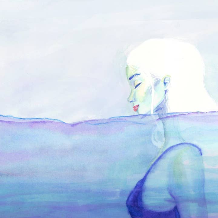 Arte murale serena ad acquerello senza cornice di donna in spiaggia per la vendita all'ingrosso da parte di Uncommon Canvas Co