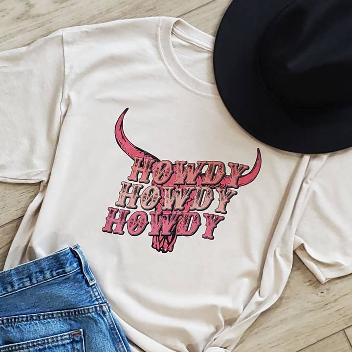 Howdy Bull Skull Pink Graphic Tee for wholesale by Funk Town Tees