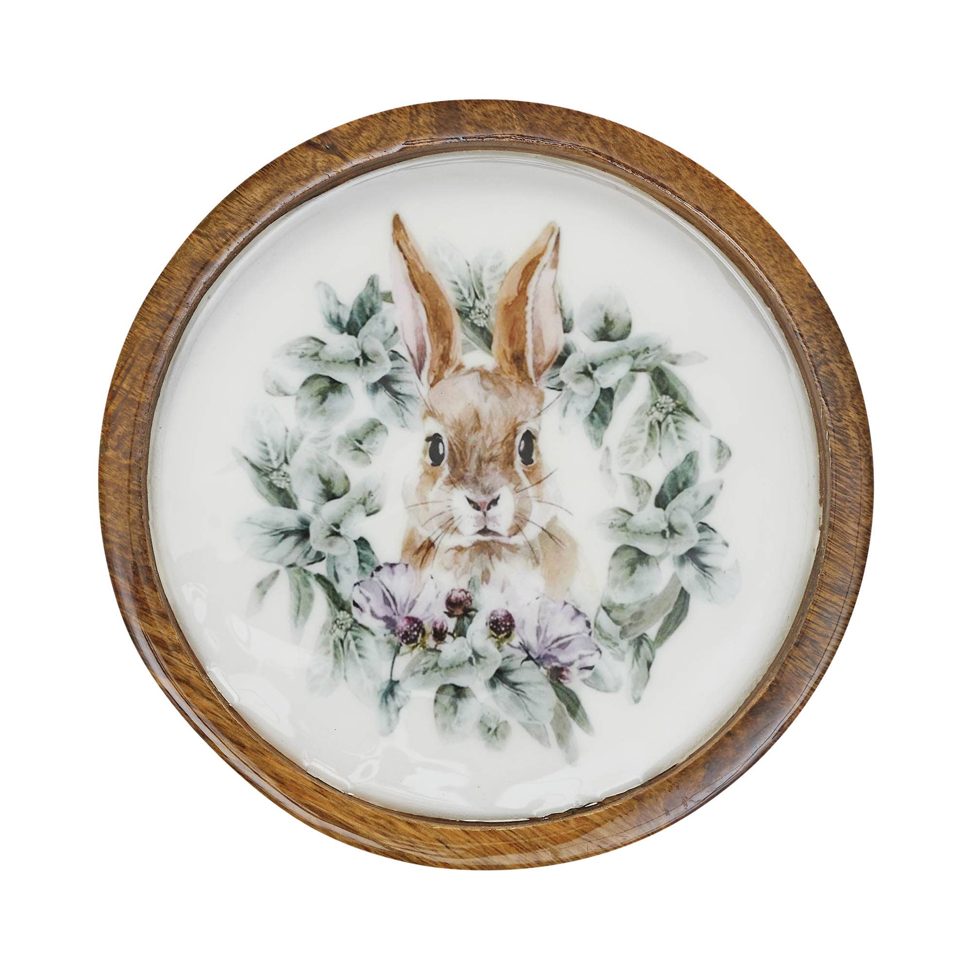 VHC Brands - Wholesale Decorative Tabletop Object - Bunny Hop Wooden Plate Natural w/ Bunny & Wreath 8 inch Diameter1