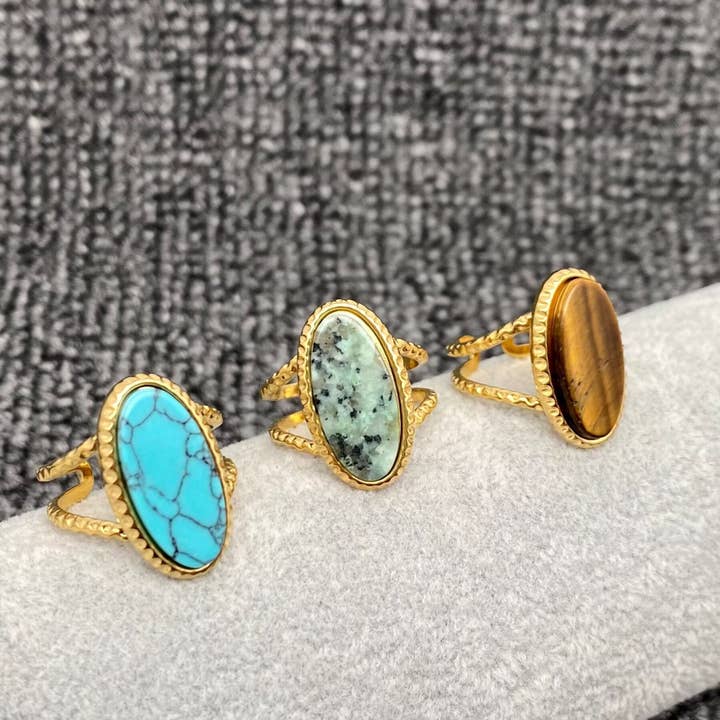 Inlaid Oval Stone 18K Gold Plated SS Adjustable Ring -FGS/CS for wholesale by Mio Queena