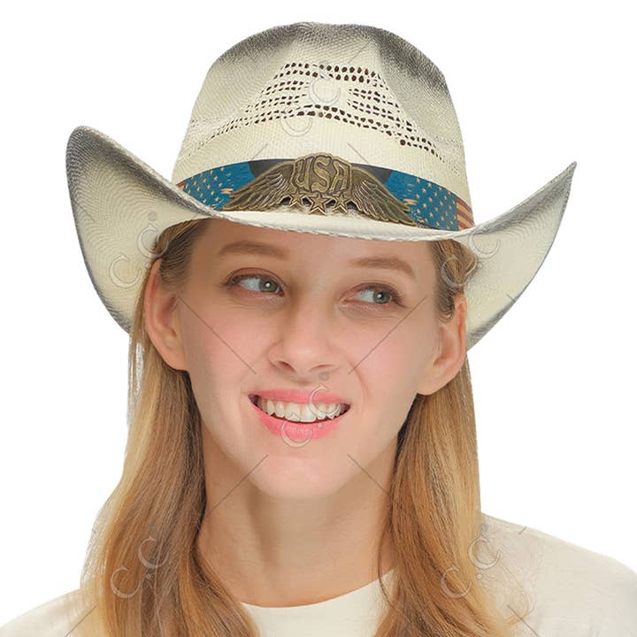 Fashion City - Wholesale Cowboy Hat - Women's - American Flag Printed Band Tea-Stain Vented Cowboy Hat