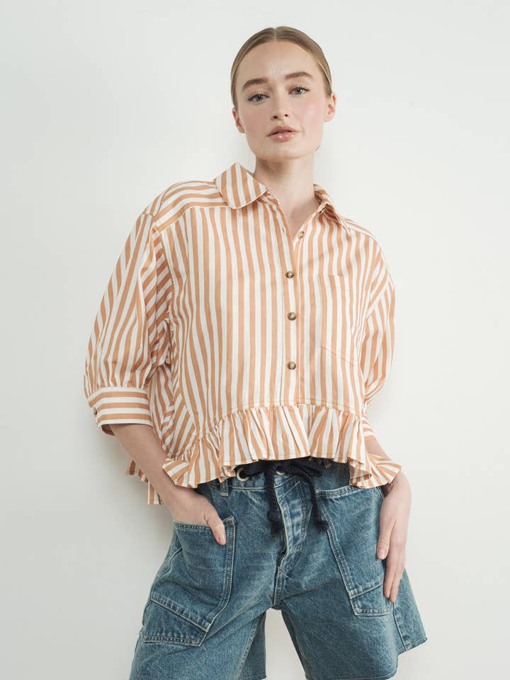 Aaron & Amber - Wholesale Button Down Shirt - Women's - MAT3223 STRIPE RUFFLE HEM SHIRTS