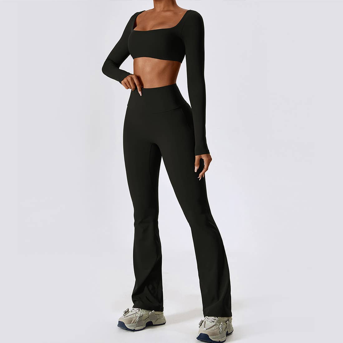 Sodalemon - Wholesale Activewear Set - Women's - 2 Pcs Set Long Sleeve Crop Top Dance Yoga Flare Pants0