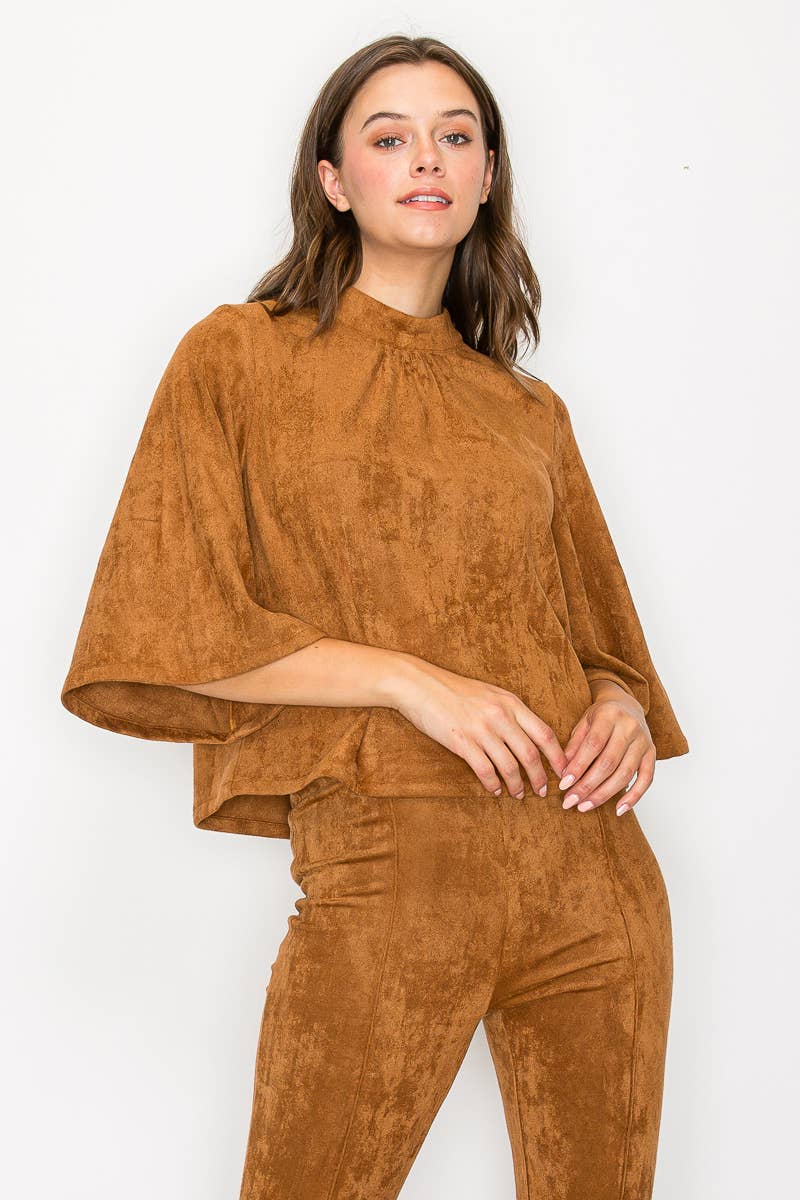LoveWednesday - Wholesale Blouse - Women's - Bell sleeve camel suede top  - LWT1802 22