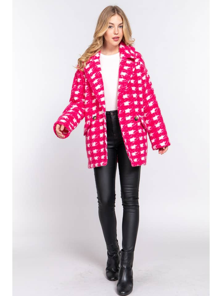Active Basic | Active USA - Wholesale Coat - Women's - Long Sleeve Double Breasted Check Print Boucle Fleece Coat