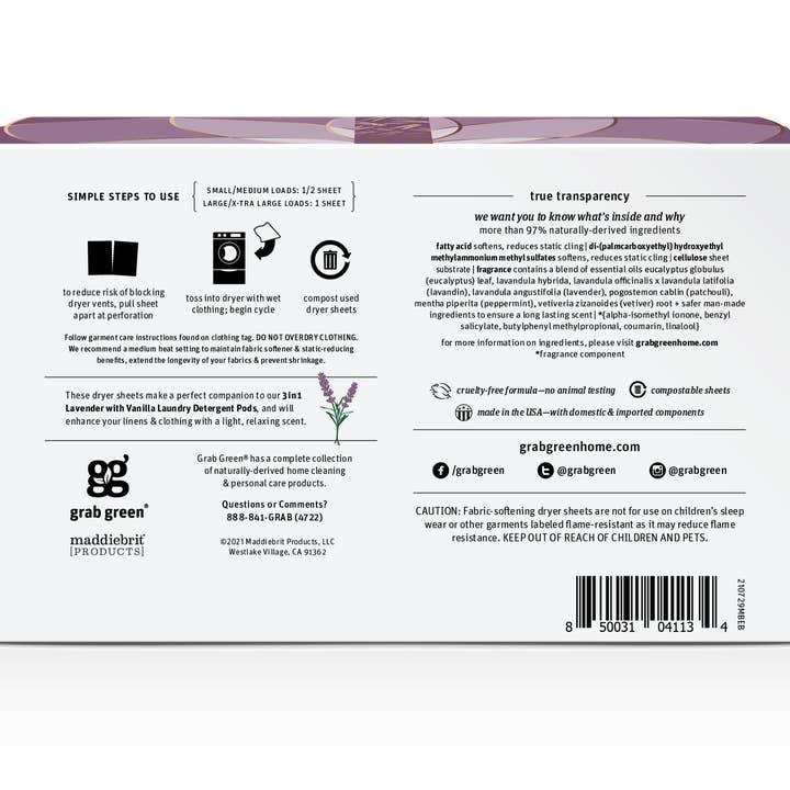 Grab Green - Wholesale Dryer Balls - Classic Dryer Sheets, Lavender With Vanilla, 80 Count1