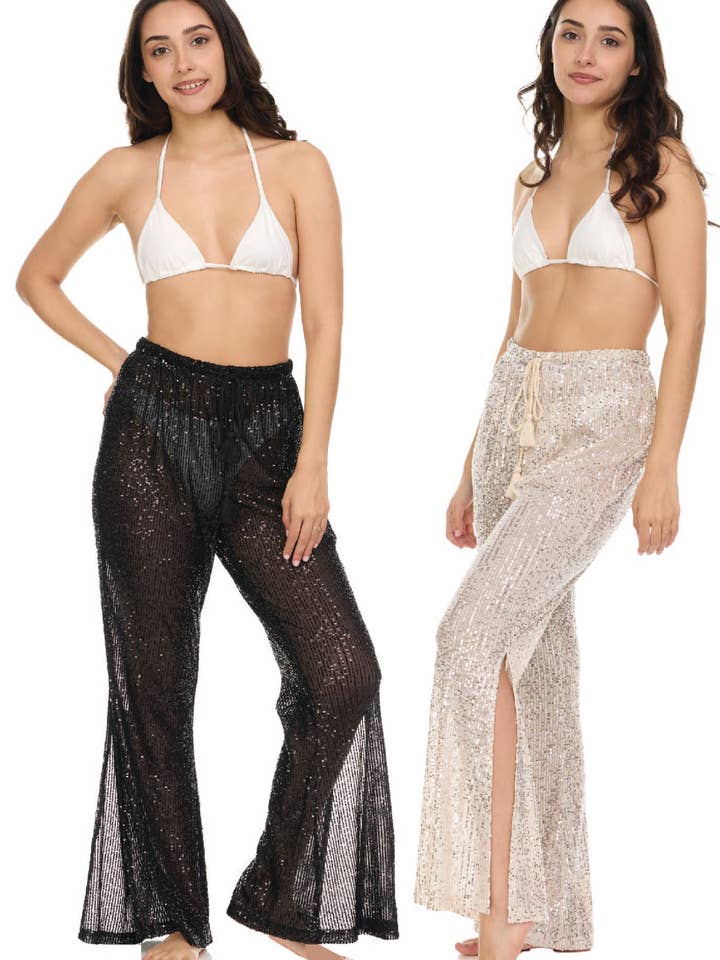 Pailletten op Mesh Pull On Broek met Splitten en Riem & Kwastjes voor wholesale door Aruba Blue