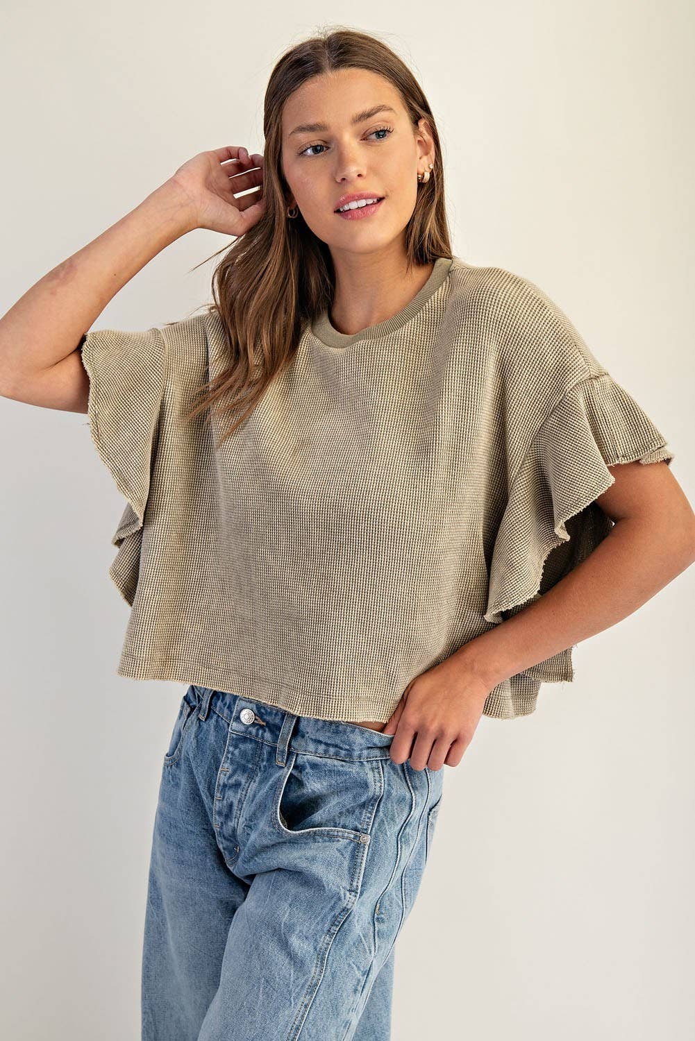 Peace Love Line – wholesale Knit top – Women's – PL8297 - WAFFLE KNIT TIERED FLUTTER SLEEVE CROP TOP16