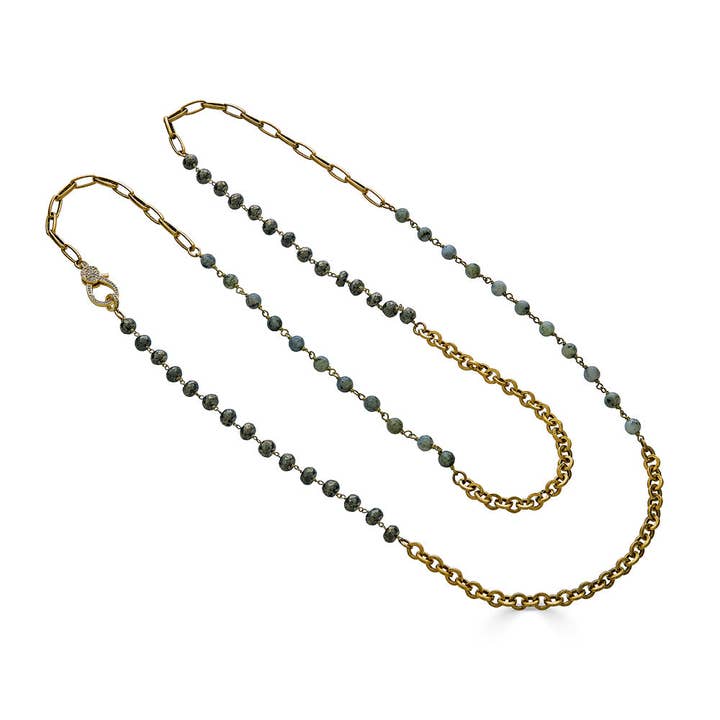 Collana lunga in oro con pirite e labradorite per la vendita all'ingrosso da parte di Loni Paul Jewelry