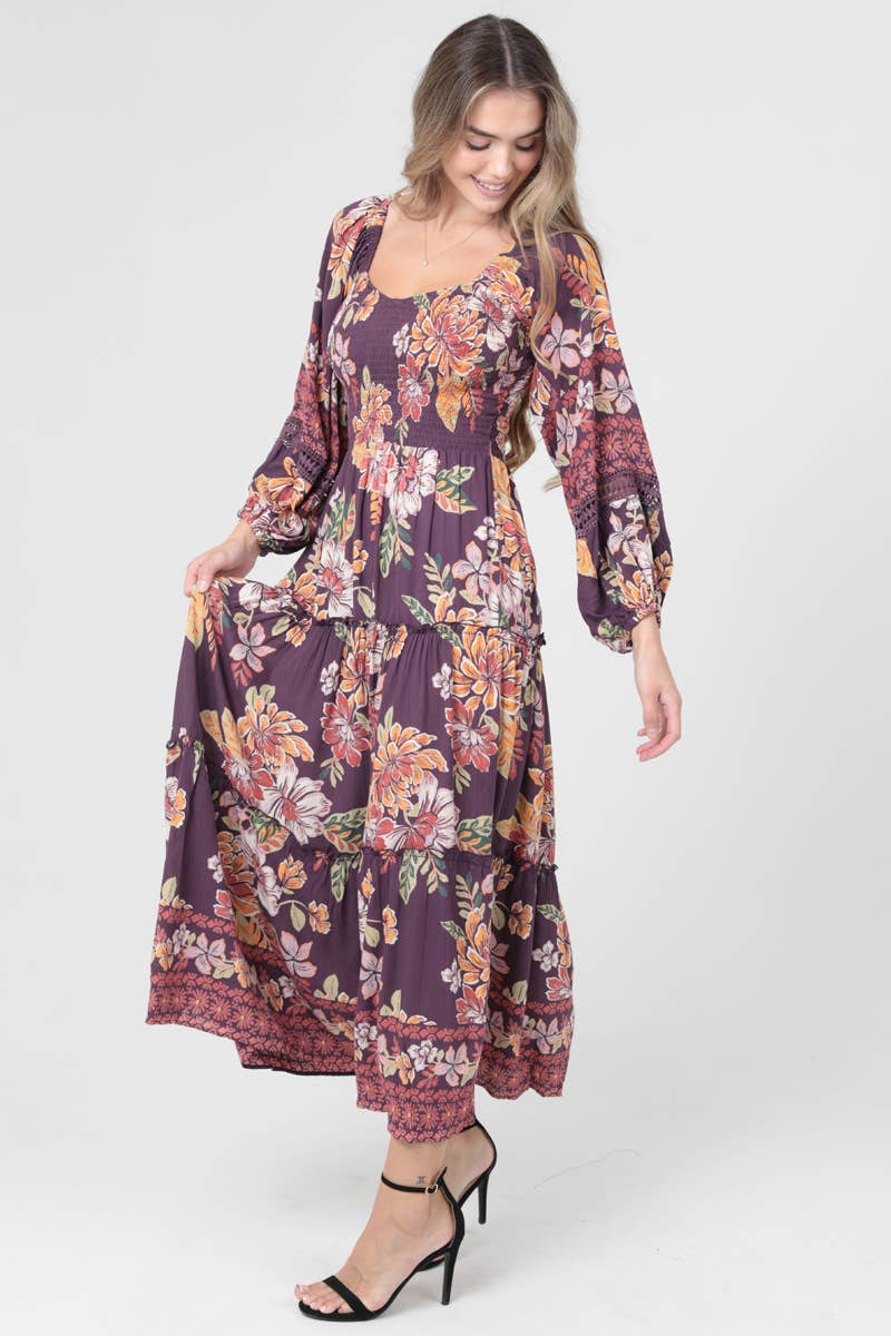 ANGIE – wholesale Dress – Women's – C4626-A921 SMOCKED SWEETHEART BODICE LONG SLEEVE MAXI DRESS 1