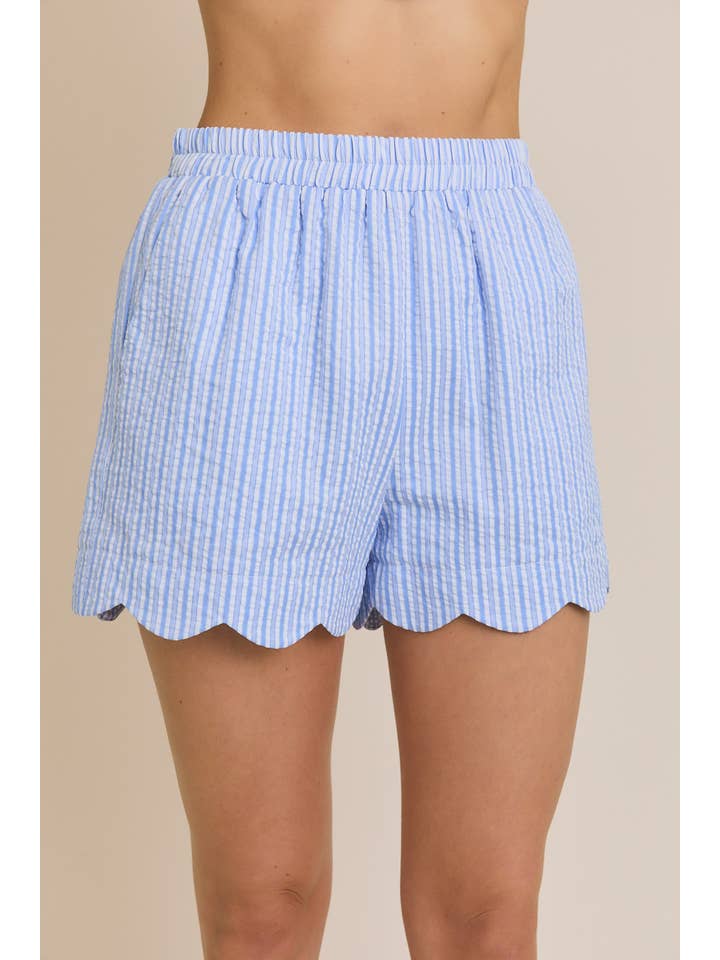 ROUND NECK SLEEVELESS SCALLOP HEM STRIPE TOP & SHORTS for wholesale on Faire