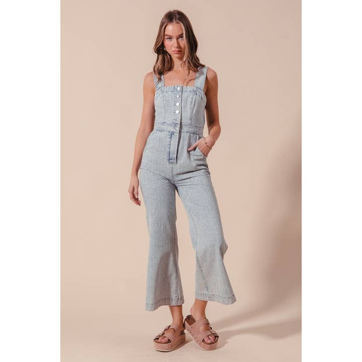 TUTA IN DENIM A RIGHE LAVATO VINTAGE CON BOTTONI DAVANTI per la vendita all'ingrosso da parte di IVE