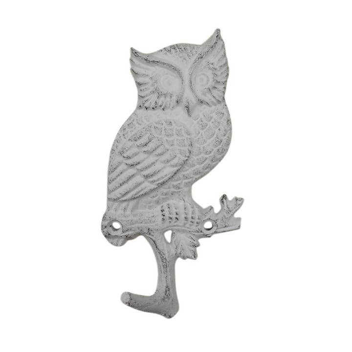 Whitewashed Cast Iron Owl Sitting on a Tree Branch Decorative Metal Wall Hook 6.5" for wholesale by Hampton Ironworks