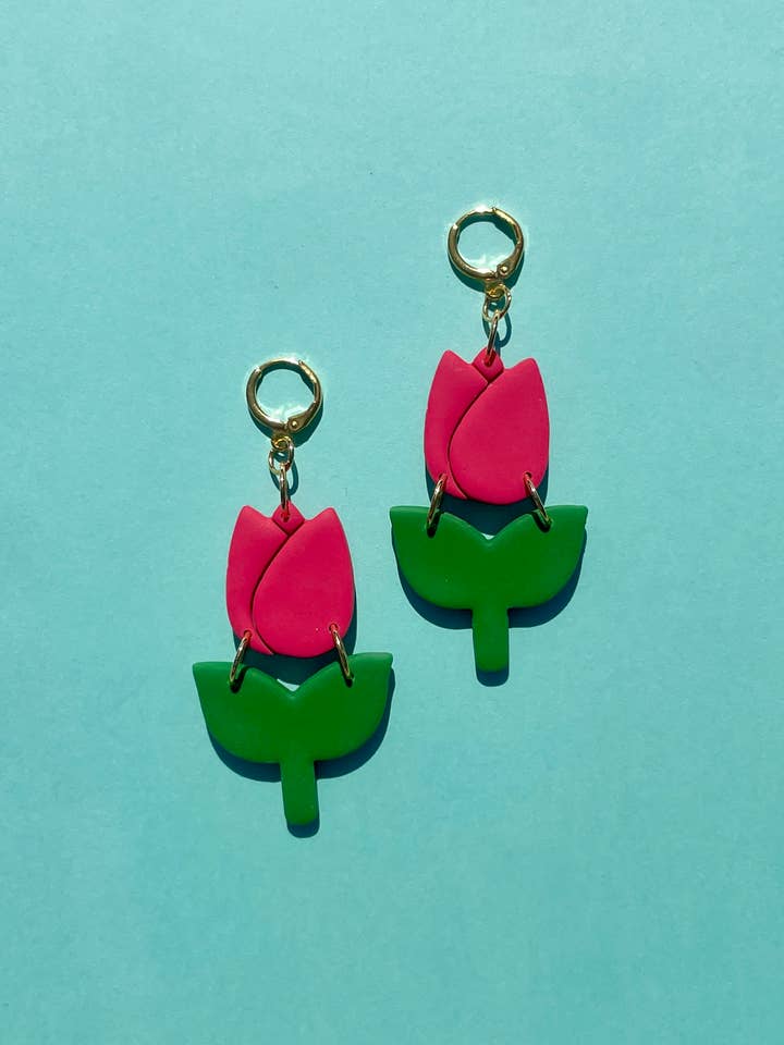 tulip spring flower polymer clay dangling earrings for wholesale by Sunblind Fine Art + Wearables