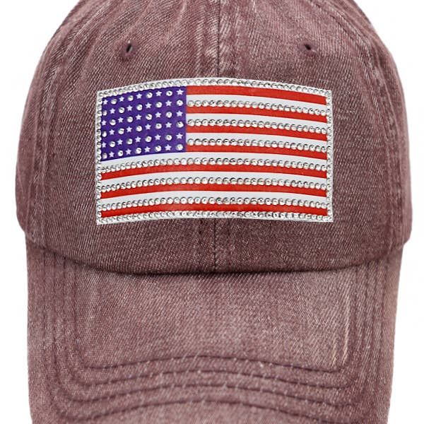Cap Zone - Wholesale Baseball Cap - Unisex - American Flag Rhinestone Patch Washed Denim Baseball Cap10