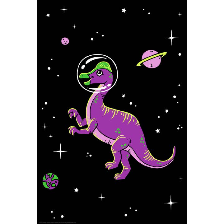 Poster stampa d'arte decorativa da parete con dinosauri viola nello spazio. per la vendita all'ingrosso da parte di Gotham Gifts