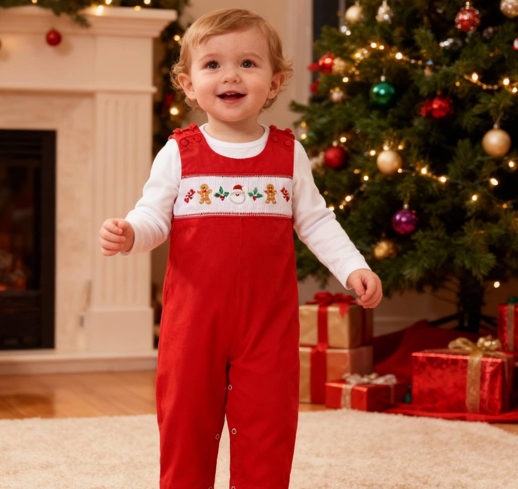 Lil Cactus - Wholesale Overalls - Baby - Red Velvet Christmas Smocked Overalls