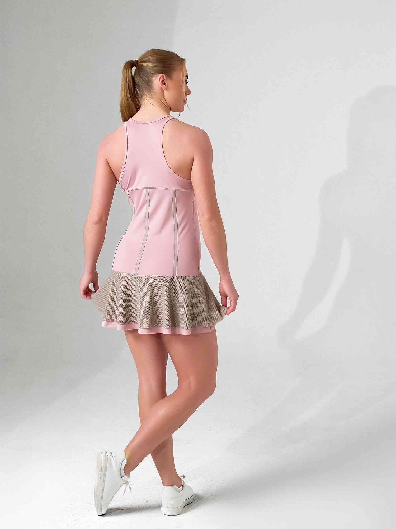 DUSTY PINK LATTE MAI DRESS | Performance Tennis & Pickleball Dress with Mesh Flounce for wholesale on Faire3