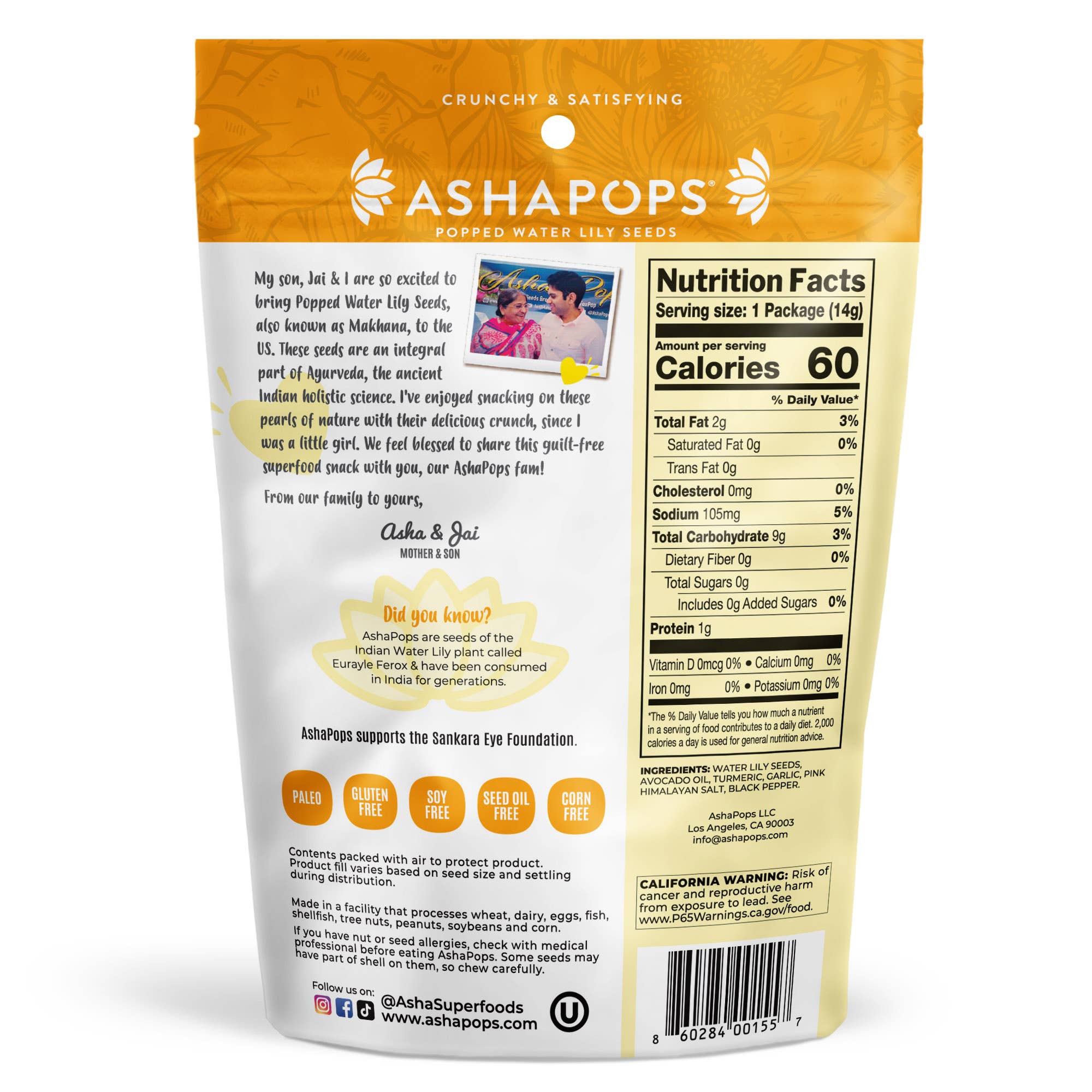 AshaPops - Wholesale Puffed Snack - 0.5oz Turmeric Garlic - AshaPops Popped Water Lily Seeds1