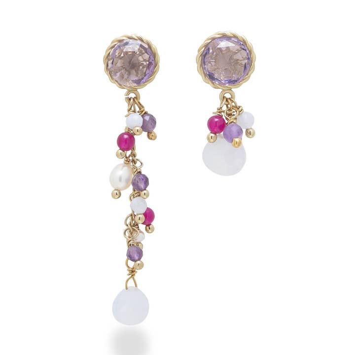 Orecchini asimmetrici con Ametiste viola mix | Rose per la vendita all'ingrosso da parte di ISHWARA JEWELS