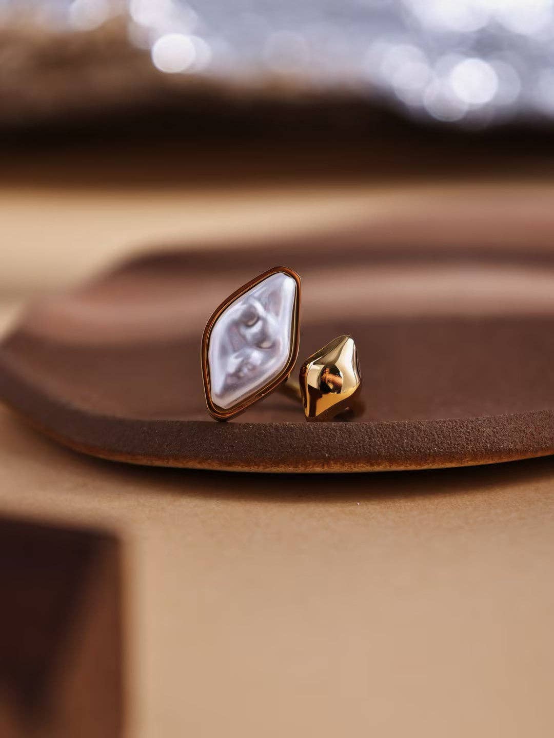 Revelari - Wholesale Cocktail/Statement Ring - Gold Ring with Unique Pearl and Geometric Design2