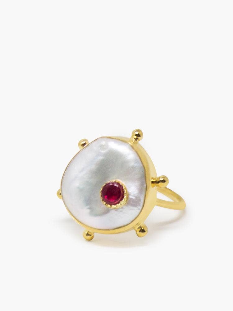 Vintouch Jewels - Wholesale Cocktail/Statement Ring - 18K Gold plated Silver Keshi Pearl Ring with 0.25 cts Ruby2