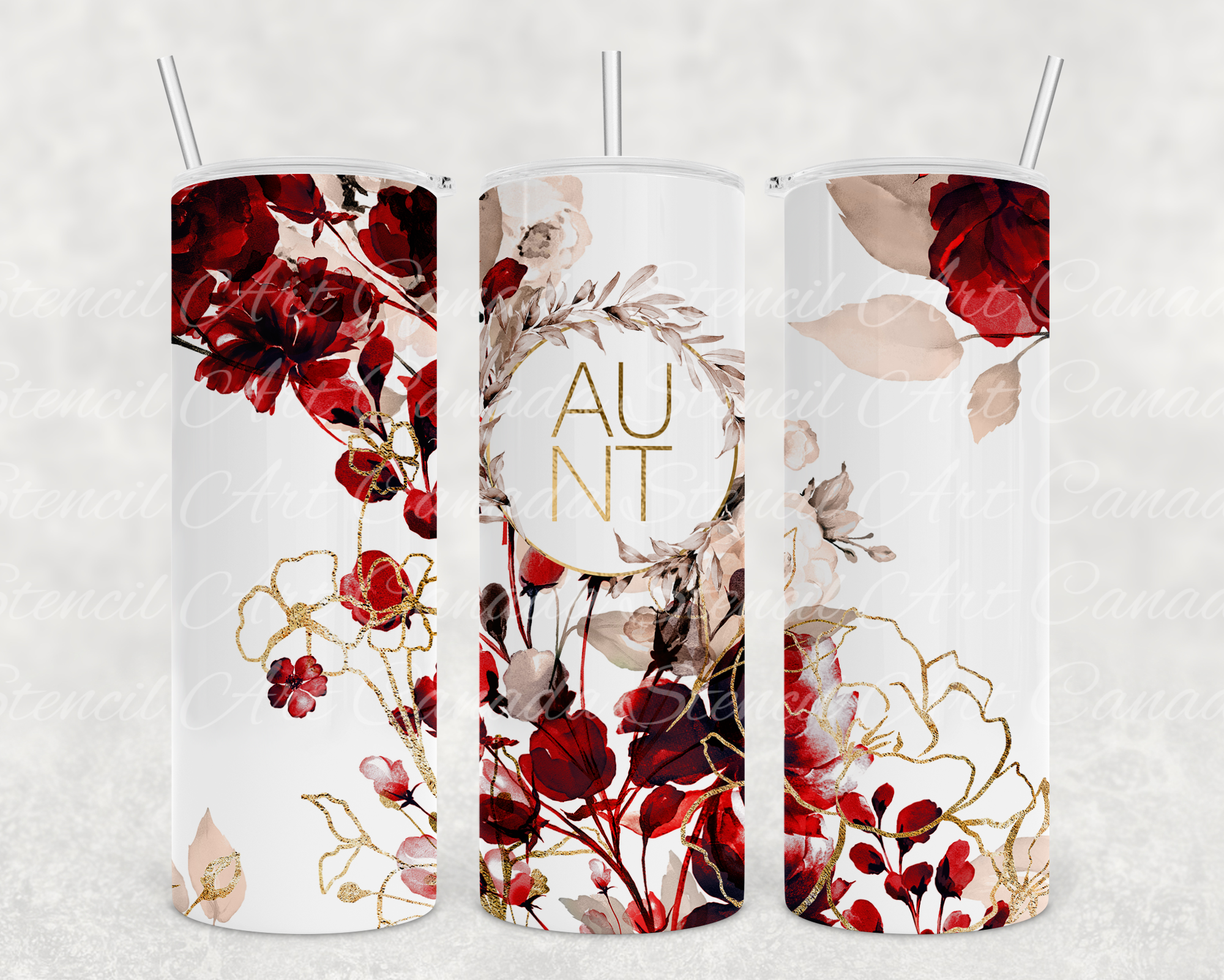 Stencil Art Canada - Wholesale Insulated Mug/Tumbler - Aunt Floral Tumbler, 20 oz. Stainless Steel  2