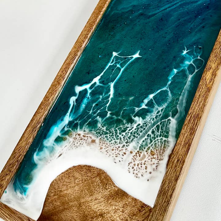 Prescription Resin - Wholesale Decorative Tray - MANGO WOOD RESIN SEASCAPE OCEAN ART TRAY | SERVING PLATTER