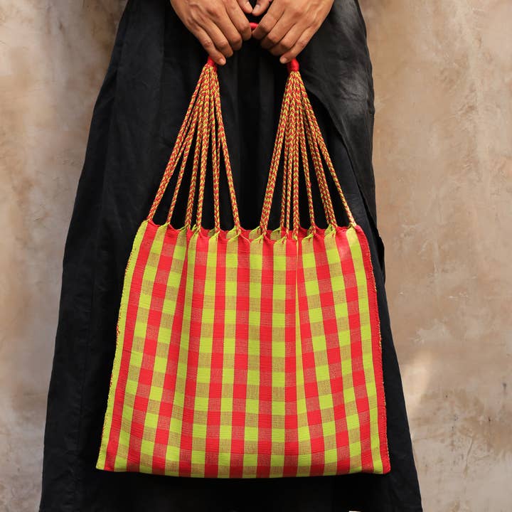 Las Rayas Tote Hand Woven in Chiapas - Gingham Bright for wholesale by LUZ Collection