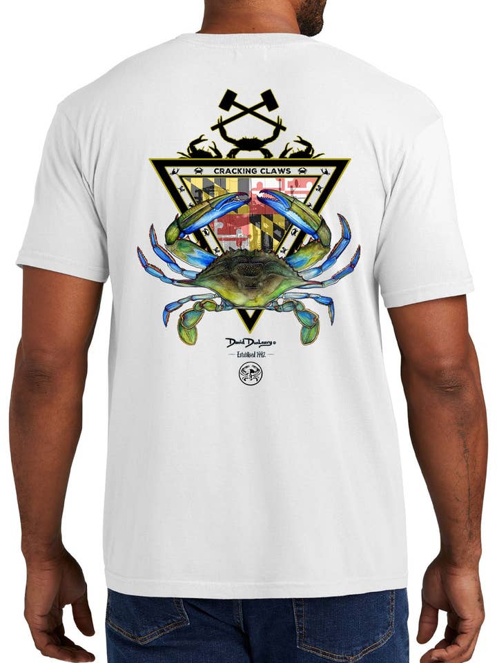 T-shirt da uomo Maryland Blue Crab a maniche corte, tinta in capo, bianca con taschino per la vendita all'ingrosso da parte di David Dunleavy