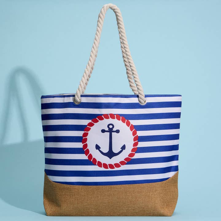 Coastal Chic Nautical Anchor & Stripe Beach Tote for wholesale by Lilla Haven