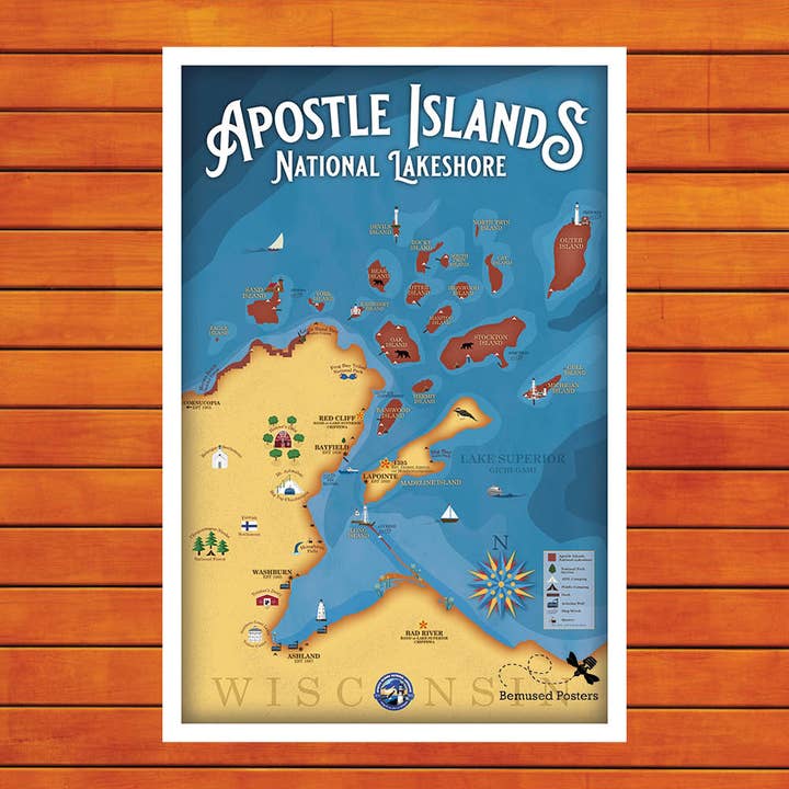 Apostle Islands Map Retro Travel Poster Prints for wholesale by Bemused Creative